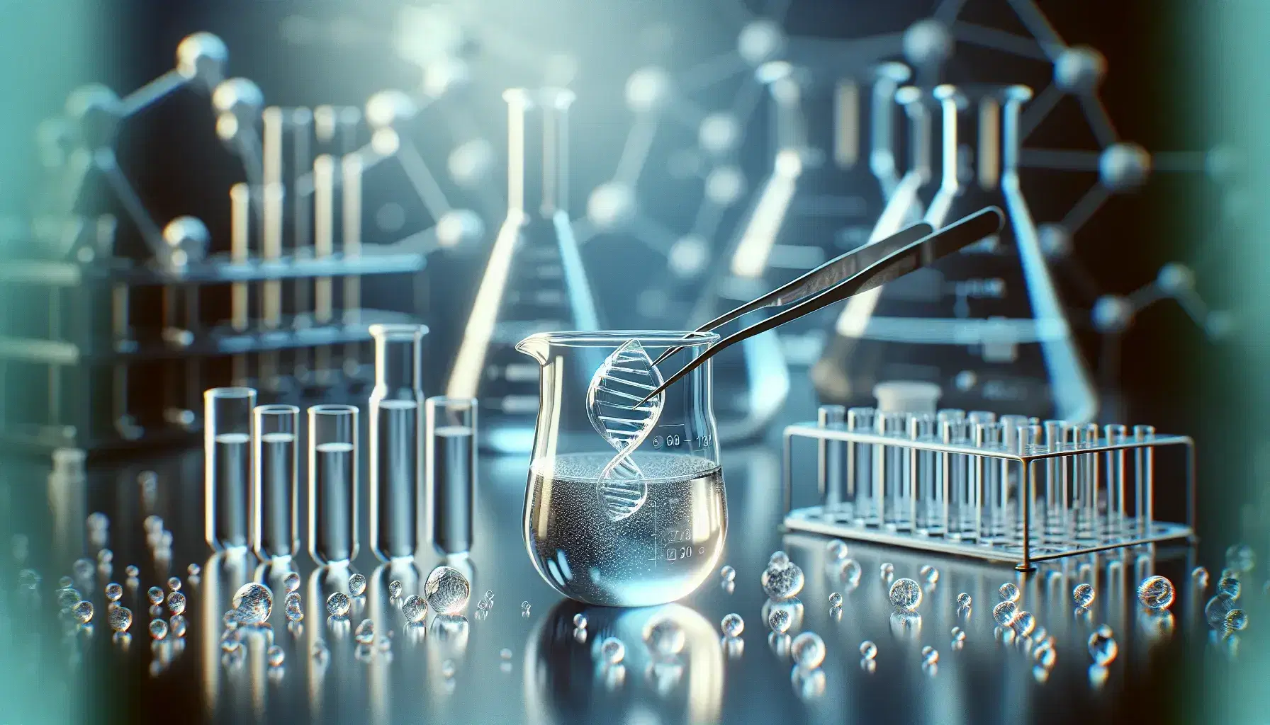 Laboratory with central beaker and transparent liquid, white crystalline substance, tweezers with enzyme bead and blurry DNA model.