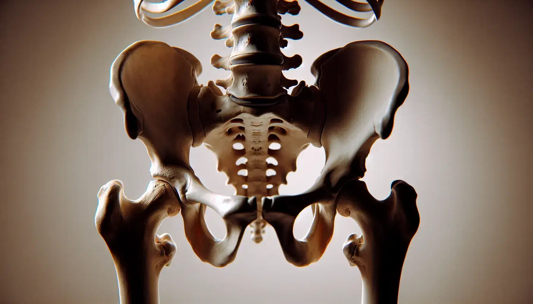 Esqueleto humano centrado con pelvis iluminada destacando su estructura ósea, rodeado de vértebras lumbares y cabezas de fémur en tono neutro.
