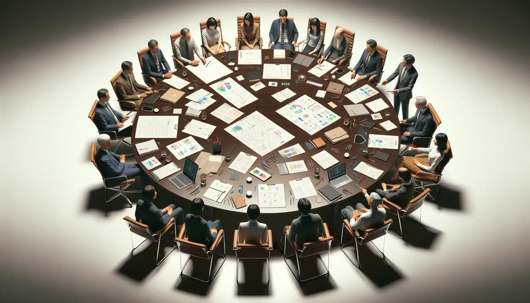 Gruppo di persone diverse sedute attorno a un tavolo rotondo durante una riunione, con laptop, fogli e libri sparsi, in discussione attiva.