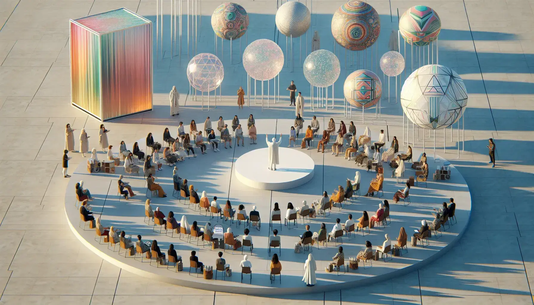 Grupo diverso de personas en evento cultural al aire libre con orador en plataforma, decoraciones geométricas flotantes y mesa con instrumentos musicales étnicos.