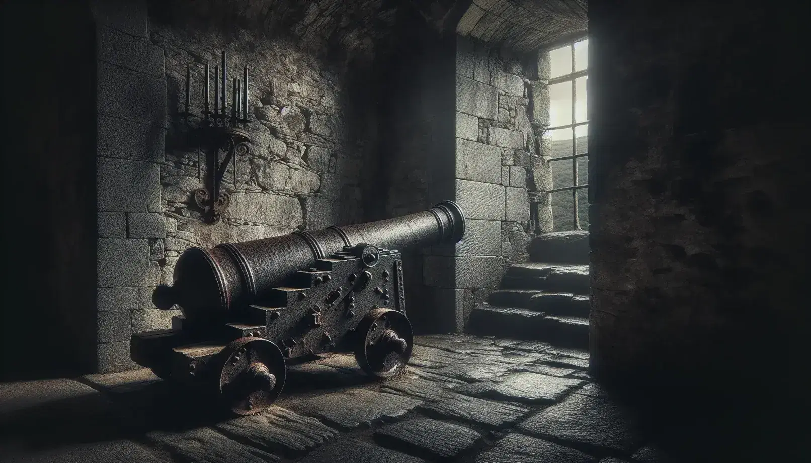 Rusted iron cannon on wooden carriage inside an old stone castle, with narrow window, mossy walls, dark sconces, and a faded green flag.