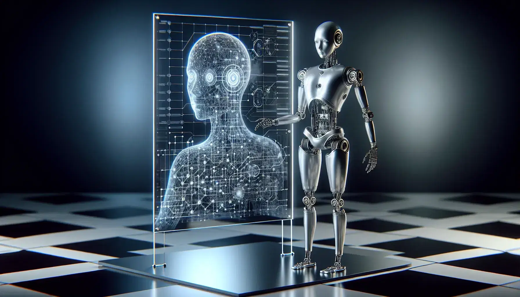 Shiny metal humanoid robot touches with his finger a luminous node on a transparent glass board with circuit board, on a checkerboard floor.