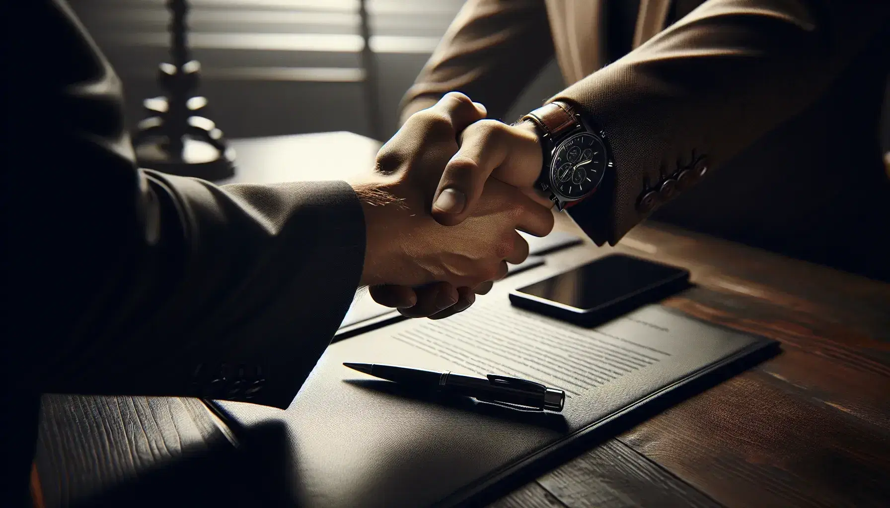 Apretón de manos entre dos personas, una con guante de traje y la otra con reloj de pulsera, sobre mesa de madera con smartphone y bolígrafo.