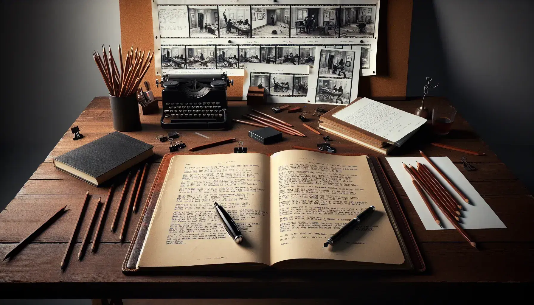 Sceneggiatura aperta su scrivania in legno con penna stilografica, matite, blocco note e storyboard illustrato sullo sfondo.
