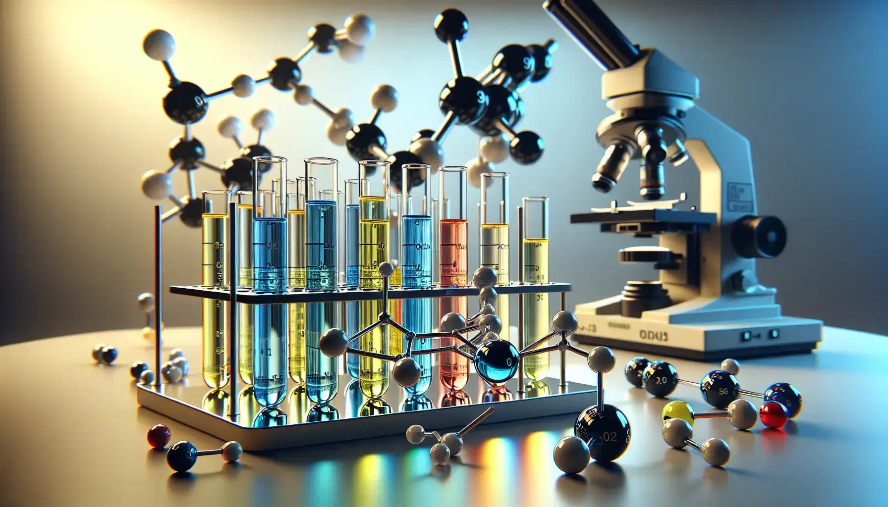 Tubos de ensayo con líquidos de colores en soporte metálico y microscopio de laboratorio al fondo, junto a modelo molecular tridimensional.