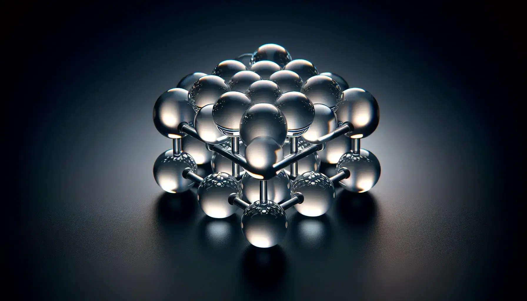Ionic crystalline model with alternating transparent and opaque spheres connected by silver rods on a black background, reflecting light.