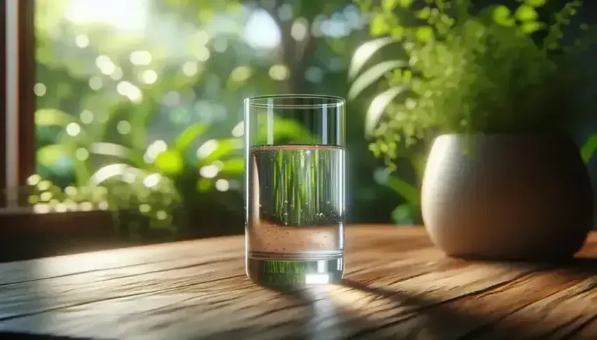 Transparent glass of water filled to the brim on light brown wooden table, blurred background with green plants, light reflections on the table.
