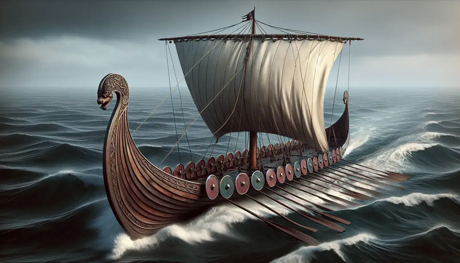 Traditional Viking longship at sea with ornate dragon heads, aligned round shields, and a billowing white sail against an overcast sky and rocky coastline.