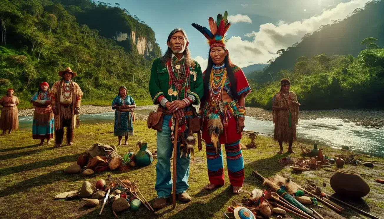 Grupo de indígenas en atuendos tradicionales coloridos con un hombre de tocado de plumas y una mujer con trenzas, rodeados de vegetación, un río y montañas.