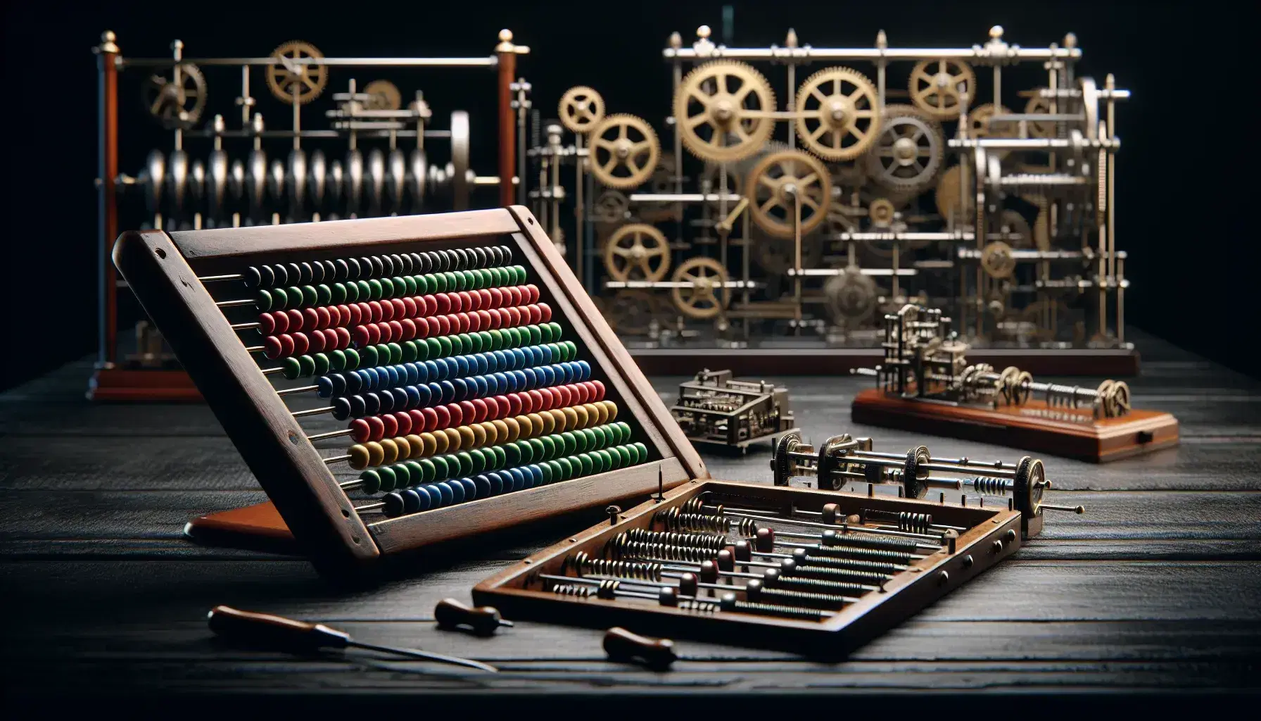 Colección de dispositivos antiguos de cálculo con ábaco de madera y cuentas coloridas, réplica de la máquina de Pascal y regla de cálculo sobre mesa oscura.