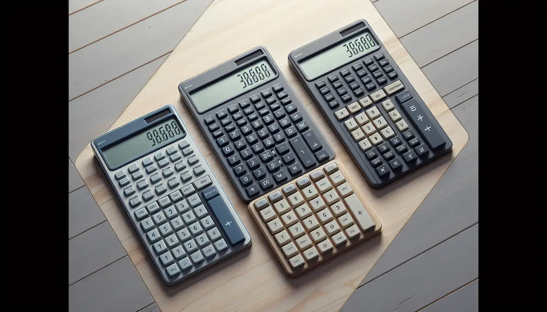 Calculadoras científicas en azul oscuro, gris metálico y negro mate alineadas sobre superficie clara con fondo de oficina desenfocado.