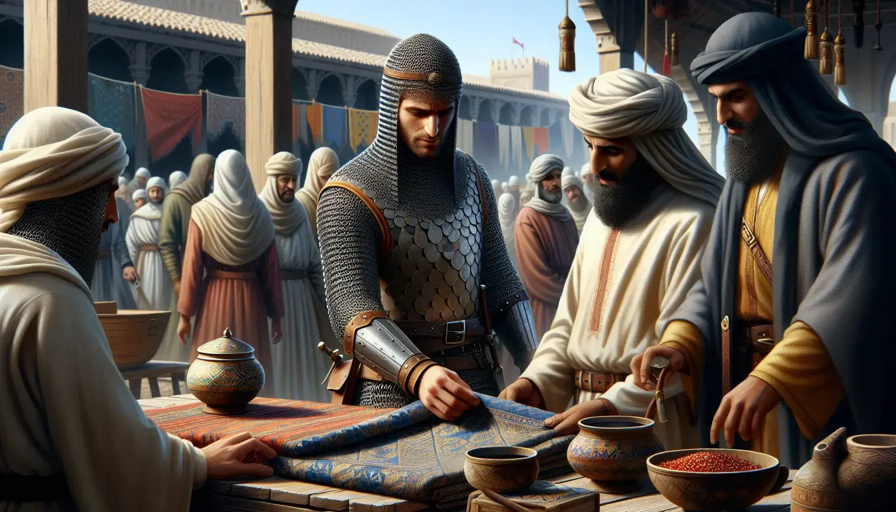 Crusader knight inspects fabric offered by two Islamic merchants at a bustling market, with spices and ceramics on a table under a clear blue sky.