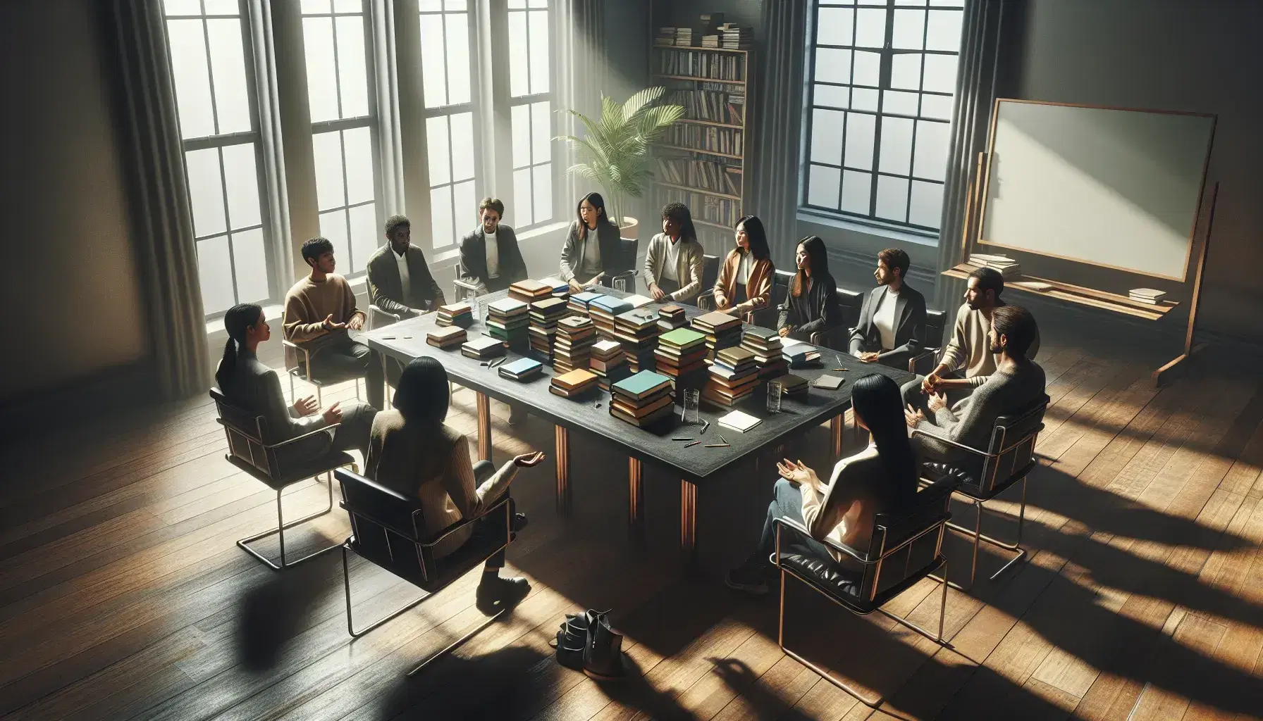 Grupo diverso en reunión de trabajo con libros en mesa de madera, discutiendo ideas en una sala iluminada naturalmente, con pizarra blanca y planta verde.