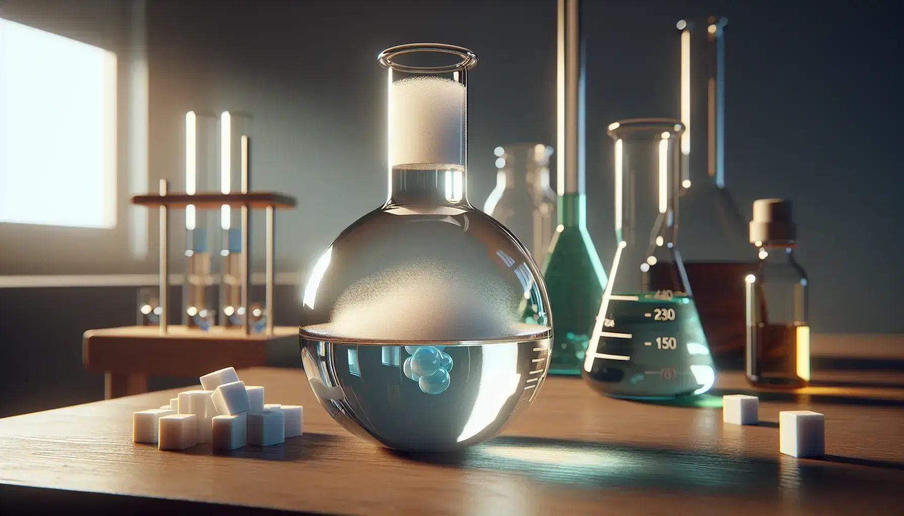 Glass flask with colorless gas on wooden laboratory bench, graduated cylinder with blue liquid and solid white cubes on the left.