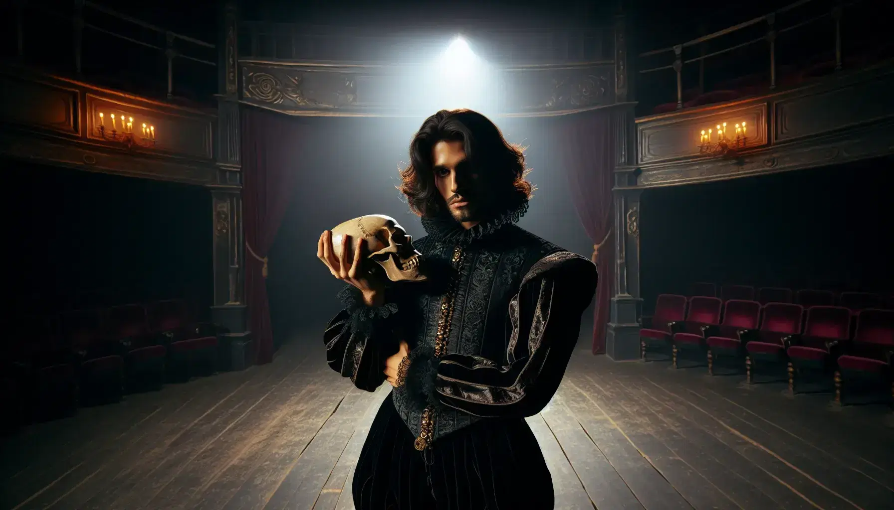 Attore vestito da principe rinascimentale impersona Amleto su palcoscenico teatrale, con costume nero e teschio in mano.