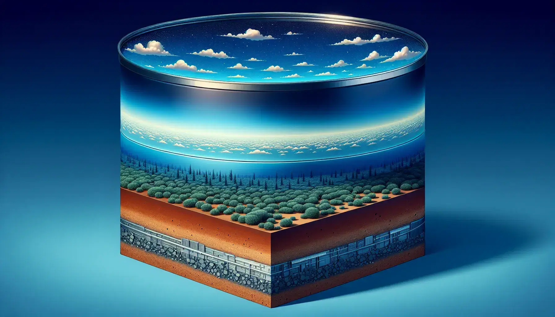 Paesaggio in sezione trasversale con cielo sfumato blu e nuvole, terreno marrone e contenitore cilindrico metallico al centro circondato da cespugli verdi.