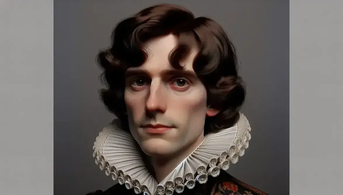 Ritratto uomo epoca elisabettiana con capelli castani, sguardo intenso e colletto bianco ornato su sfondo sfumato.