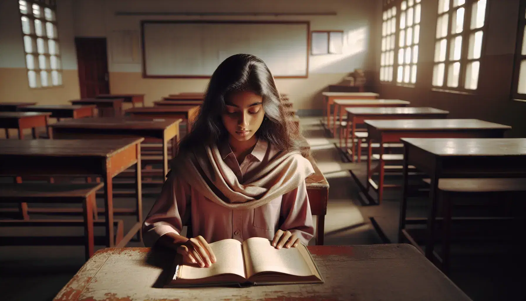Niña surasiática leyendo concentrada en un aula vacía, sentada frente a un escritorio de madera con un libro abierto, iluminada por la luz natural de una ventana.