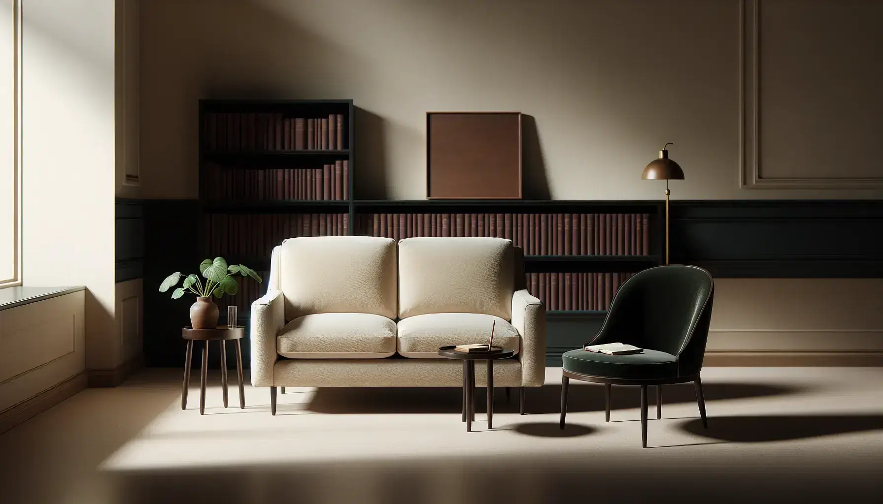 Sofá beige de dos plazas con textura suave en habitación crema, silla clásica de terciopelo verde, mesa redonda de madera, libreta y lápiz, estantería con libros y planta verde.