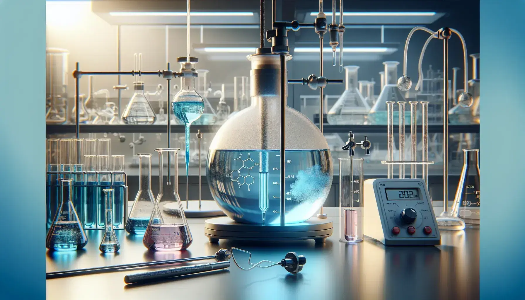Scientific laboratory with round bottom flask with blue solution, burette with pink liquid, pH meter and hood with glassware.