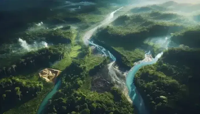 Vista aerea di una foresta pluviale con fiume serpeggiante, area disboscata visibile e cielo parzialmente nuvoloso.