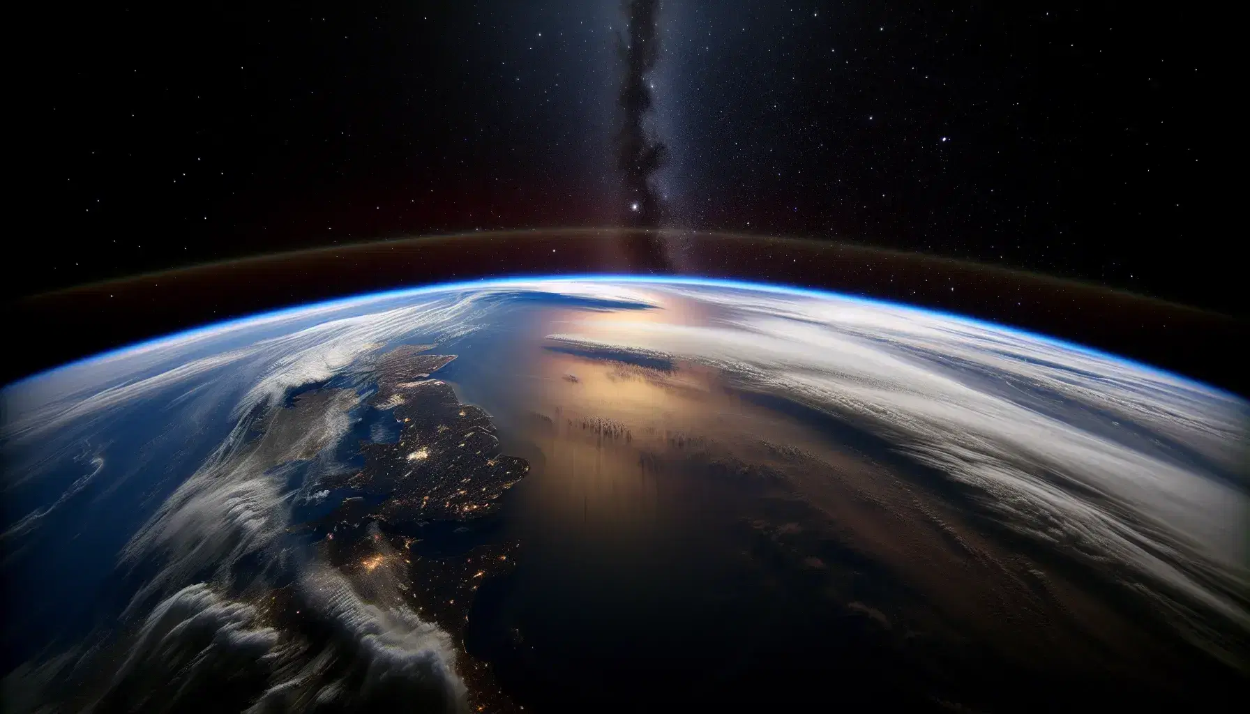 Vista panorámica de la Tierra desde el espacio con atmósfera visible, océanos azules, continentes y estrellas en el cielo negro.