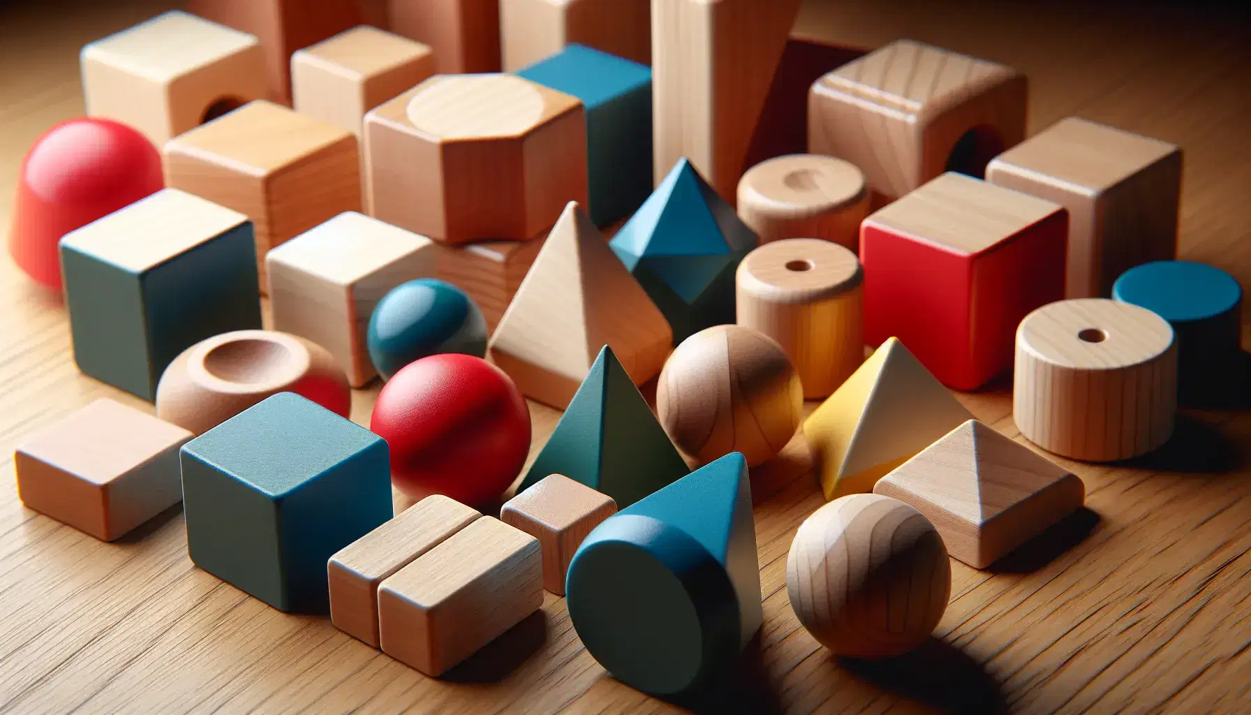 Colorful geometric shapes made of plastic and wooden blocks on a wooden table, with red circle, blue square, green triangle and yellow hexagon.