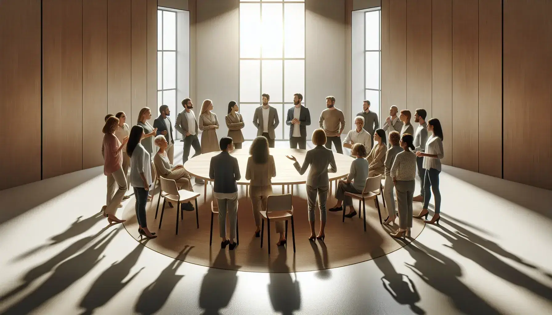 Grupo diverso de personas en animada conversación alrededor de una mesa redonda de madera en una sala iluminada naturalmente.