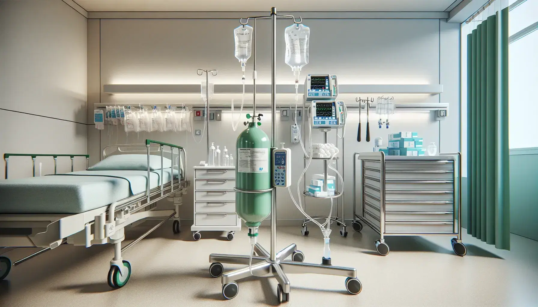 Habitación de hospital con suero intravenoso en pie metálico, estantería con suministros médicos y cilindro de oxígeno verde al lado de una cama con barandillas.