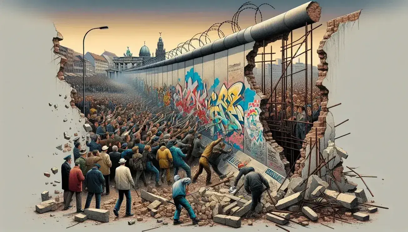 Berlin Wall collapse scene with colorful graffiti, people dismantling the barrier, and city silhouette in the background under a dusky sky.