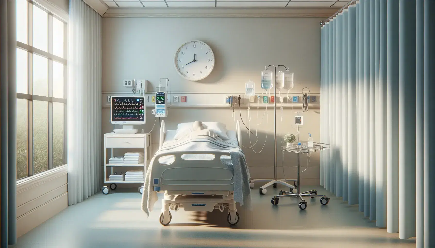 Habitación de hospital tranquila con paciente en cama, conectado a monitor de signos vitales y suero IV, mesa con estetoscopio y esfigmomanómetro, ventana con cortinas semiabiertas.