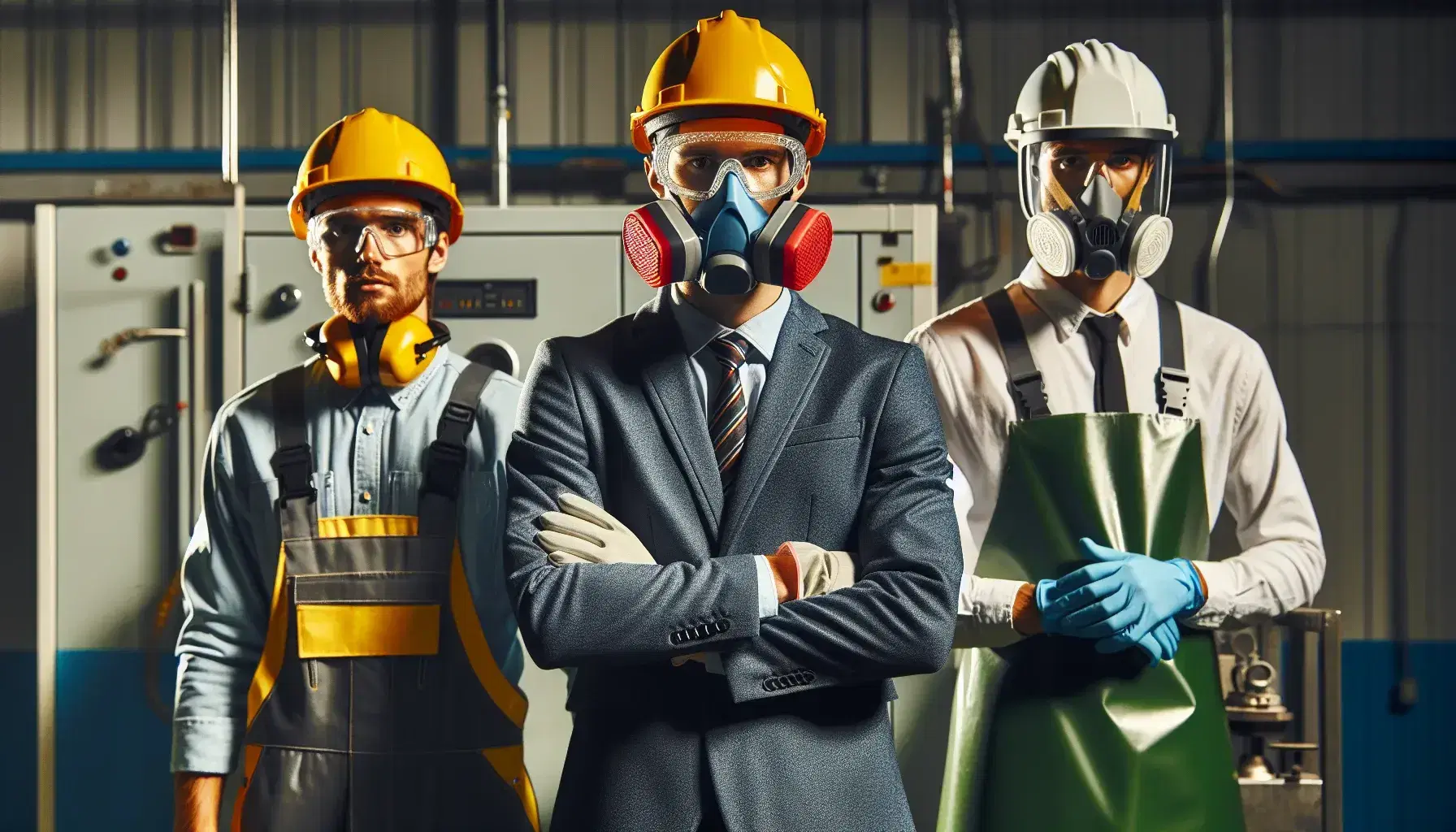 Tre operai con DPI in ambiente industriale: casco giallo, cuffie rosse, maschera respiratoria, camice bianco, grembiule verde e visiera.