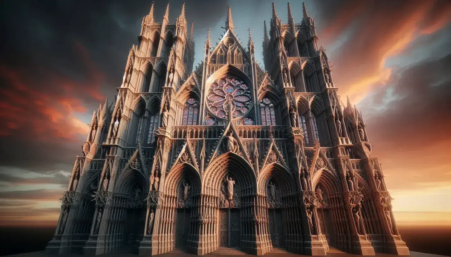 Cattedrale gotica al tramonto con rosetta centrale, portale ornato, torri gemelle con guglie e cielo arancione-rosa.