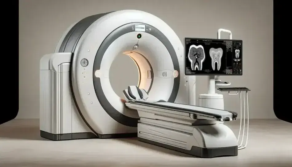 Equipo de tomografía computarizada de haz cónico CBCT en endodoncia con diseño ergonómico, arco circular blanco y pantalla mostrando estructura dental 3D.