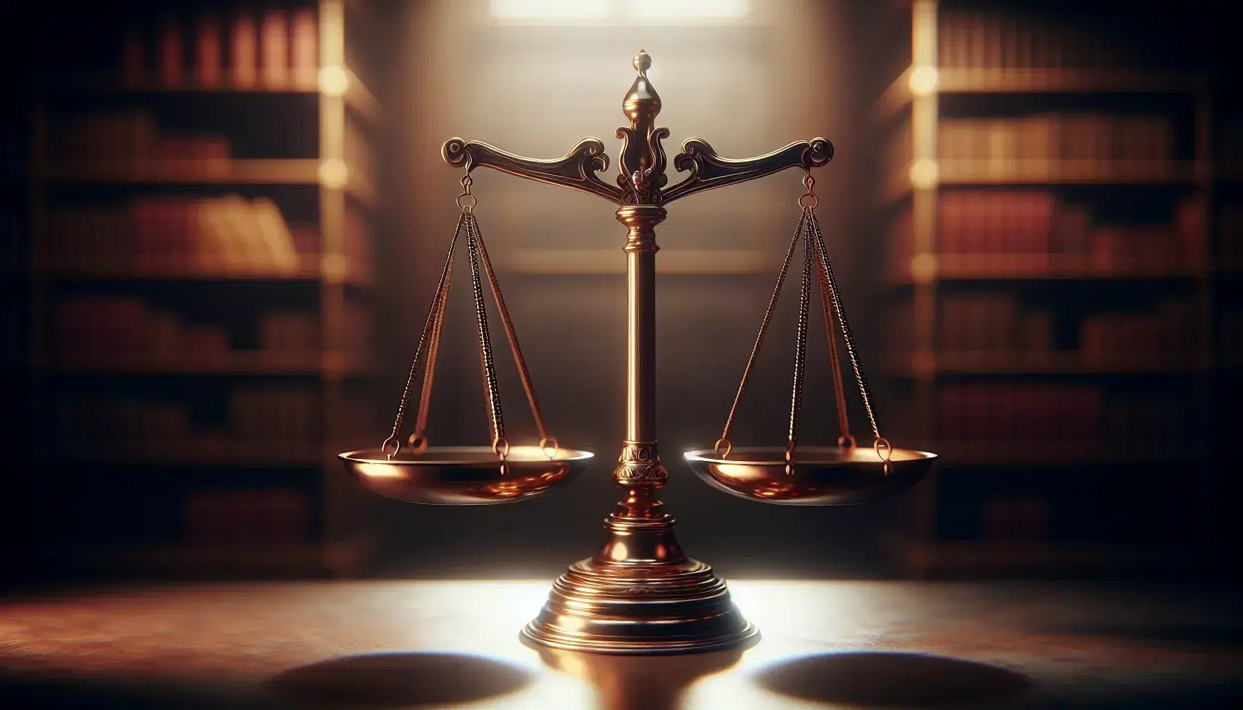 Balanza de justicia clásica en equilibrio, de metal brillante, posiblemente bronce, con fondo borroso que sugiere una biblioteca.