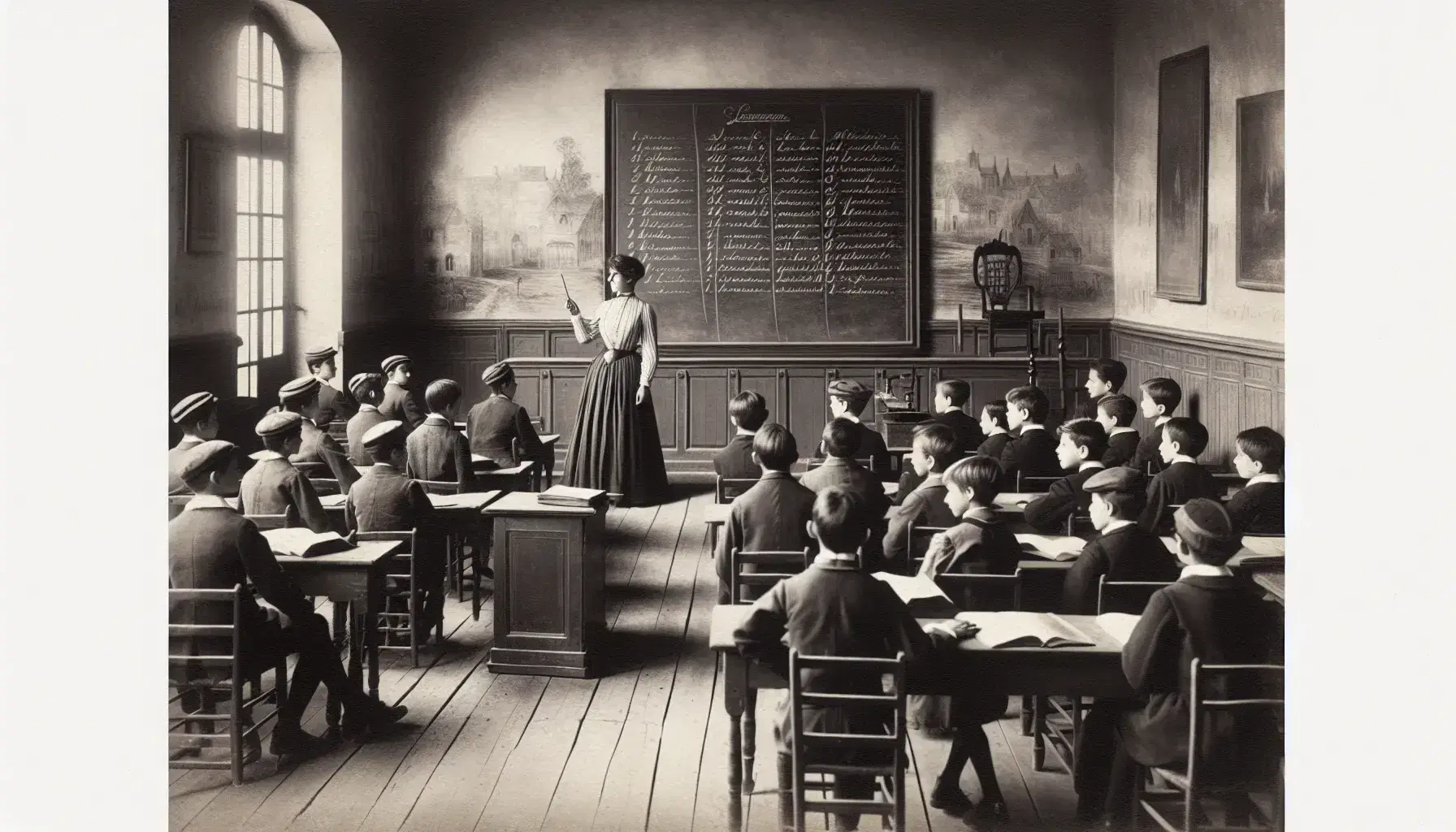Vintage French classroom scene with students at wooden desks and a teacher by a chalkboard, reflecting historical education ambiance.