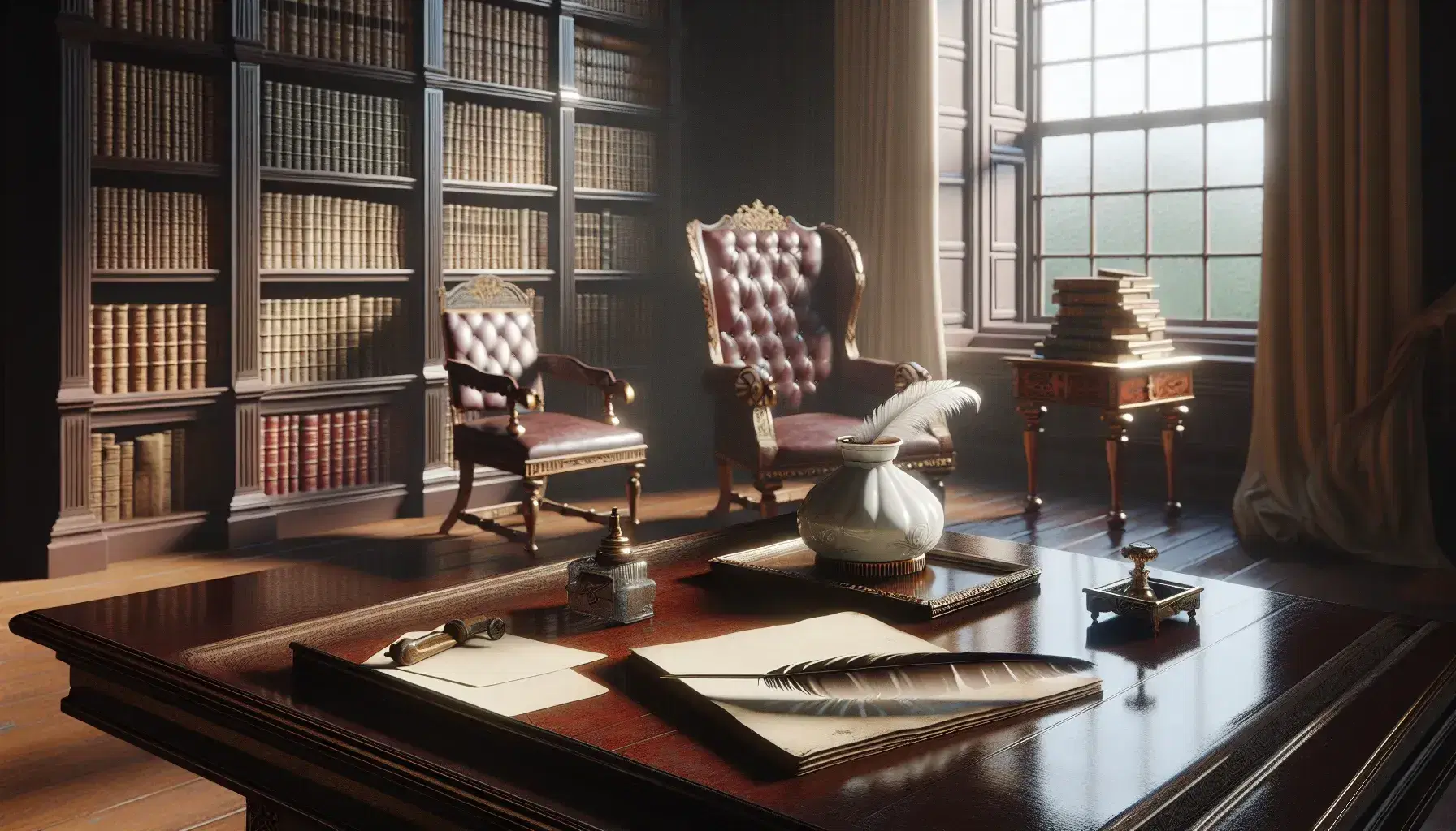 Escena de salón del siglo XIX con mesa de madera oscura, pluma de ave, tintero de porcelana, papeles, estantería con libros encuadernados y ventana iluminada.