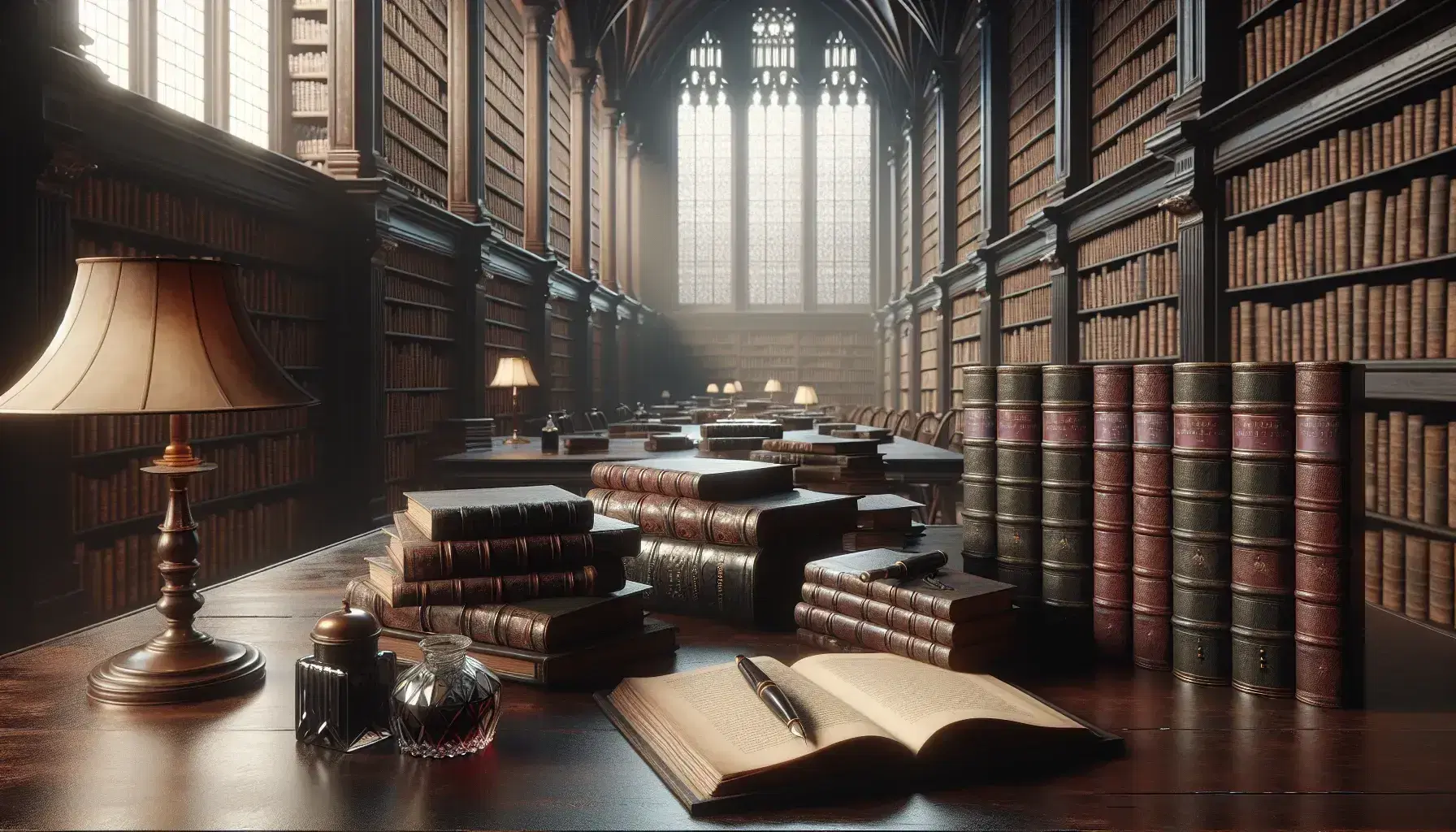 Biblioteca antica con tavolo in legno scuro, libri impilati, scaffali pieni, penna stilografica, calamaio e occhiali su pergamena.