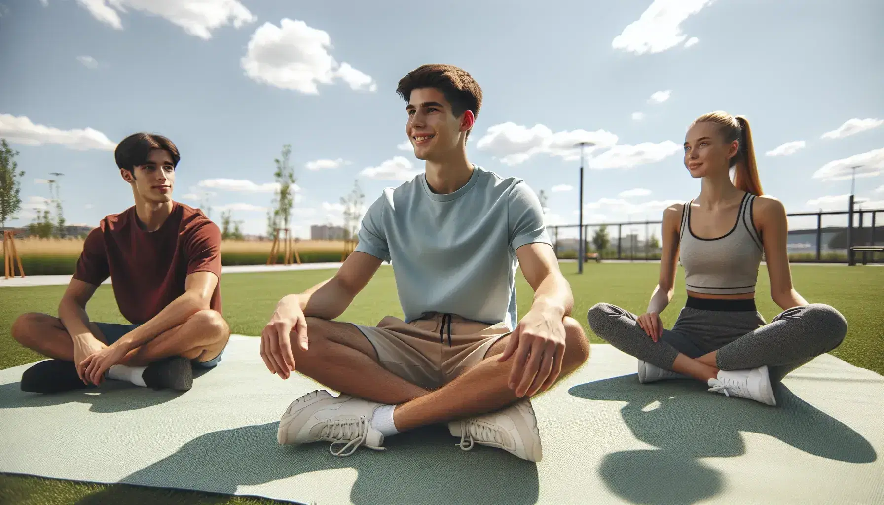 Tres jóvenes relajados disfrutan de un día soleado en el parque, sentados sobre una alfombra verde, rodeados de árboles y un cielo azul con nubes dispersas.