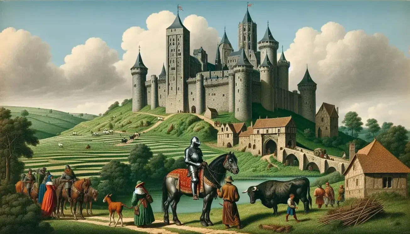 Castello medievale in pietra su collina con cavaliere in armatura, contadino con bue, villaggio, chiesa romanica e stagno con anatre.