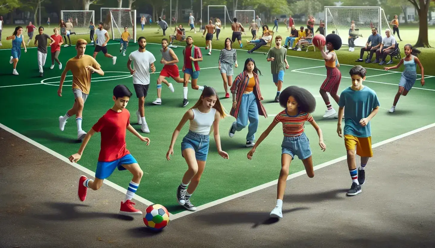Niño y niña jugando al fútbol en un parque, con adolescentes en un partido de baloncesto y adultos corriendo en un día soleado.