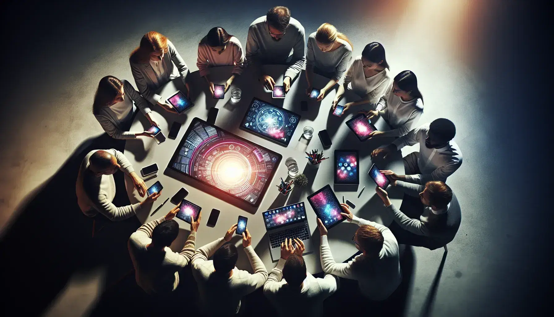 Grupo diverso de personas interactuando con dispositivos electrónicos en una mesa redonda, reflejando la luz de las pantallas en un ambiente cálido.