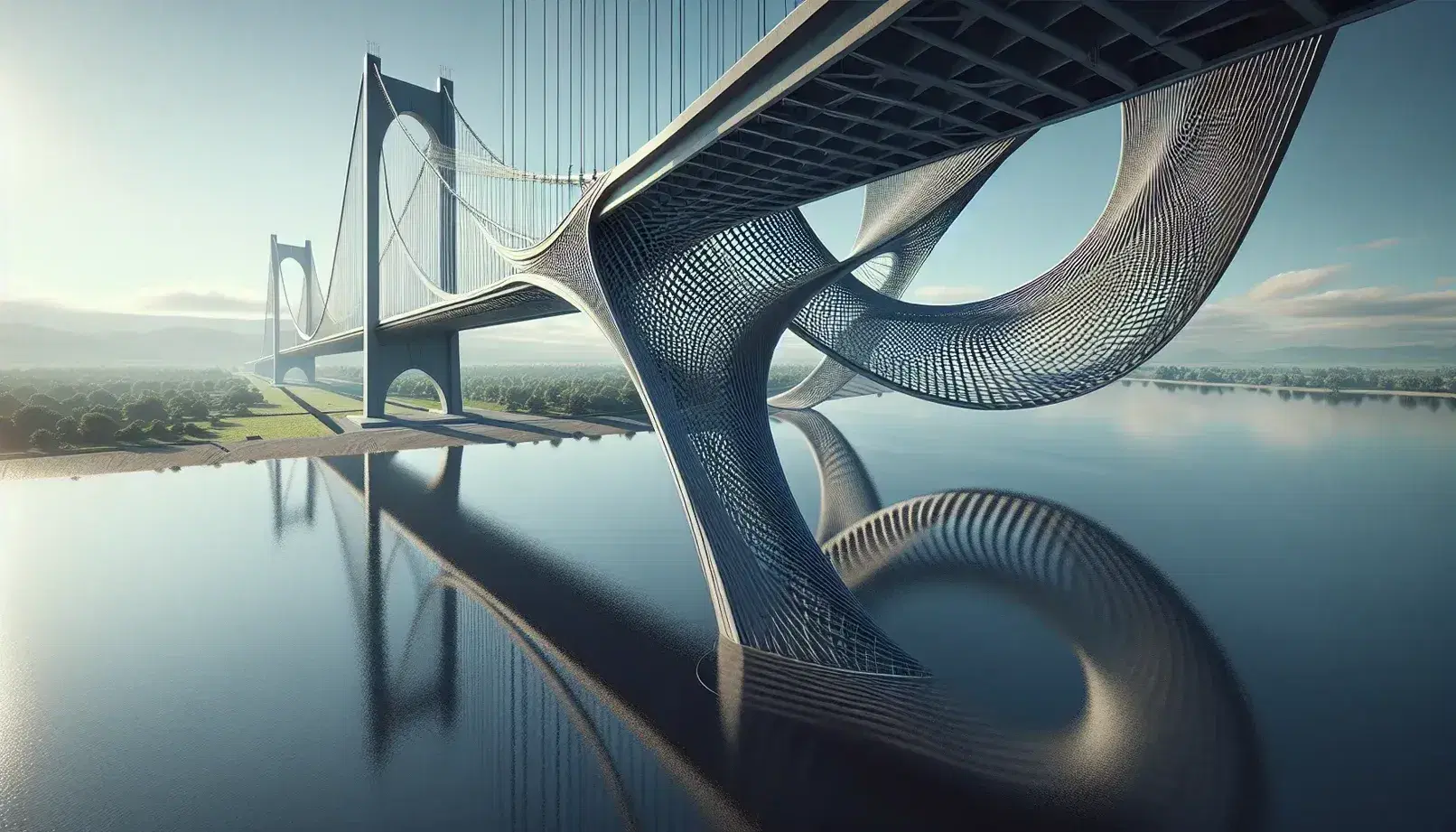 Suspension bridge with hyperbolic cable patterns spanning a calm river, flanked by steel towers and lush greenery, under a clear blue sky.