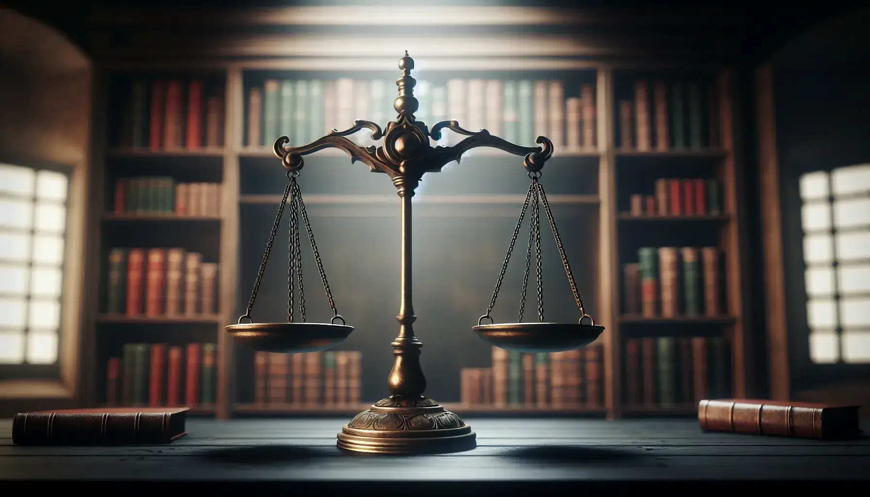 Balanza de justicia de bronce equilibrada sobre mesa de madera oscura con fondo borroso de estantería con libros encuadernados en cuero.
