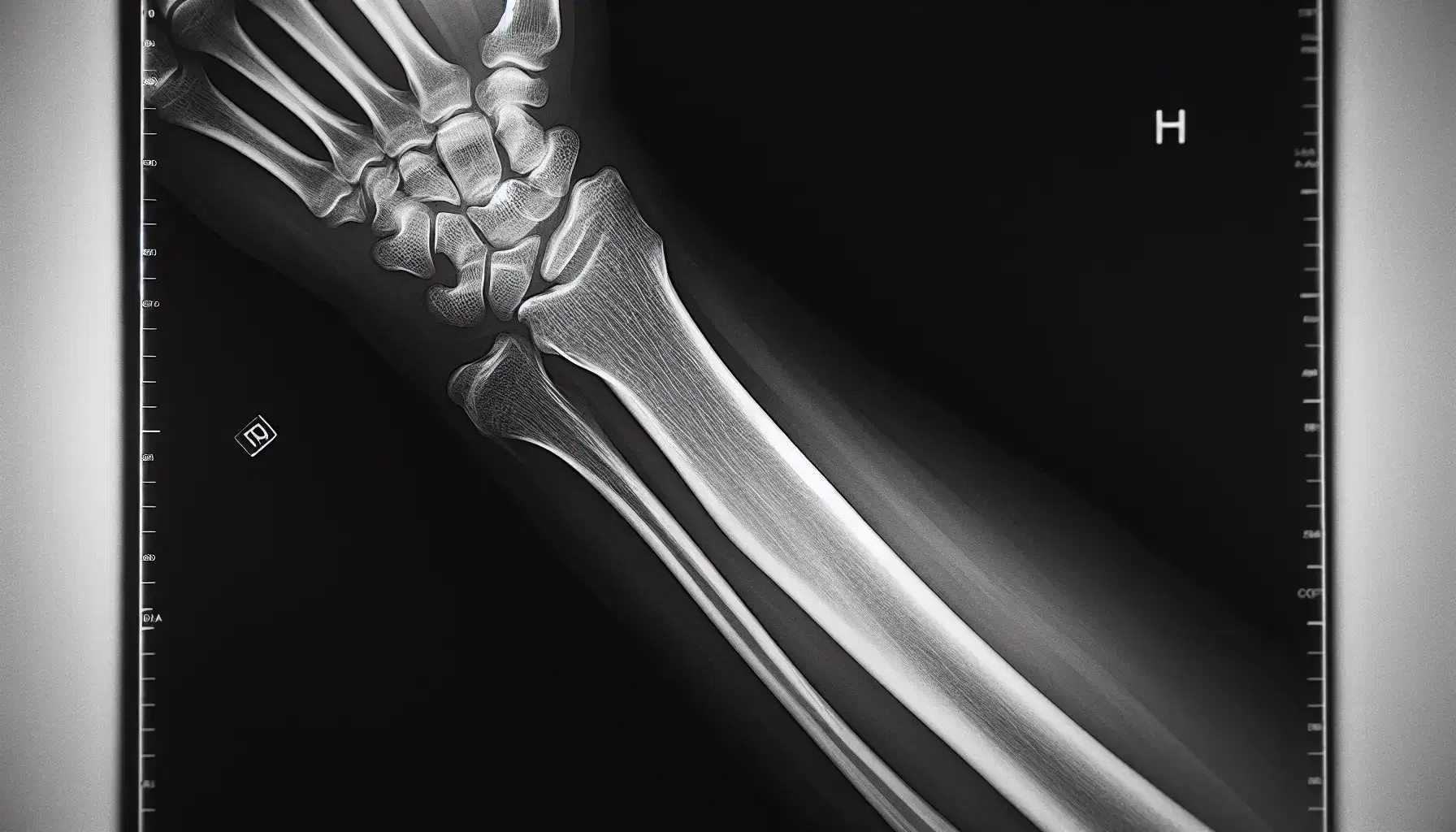 Radiografia in bianco e nero di un avambraccio umano con frattura netta del radio e ulna intatta su sfondo scuro.