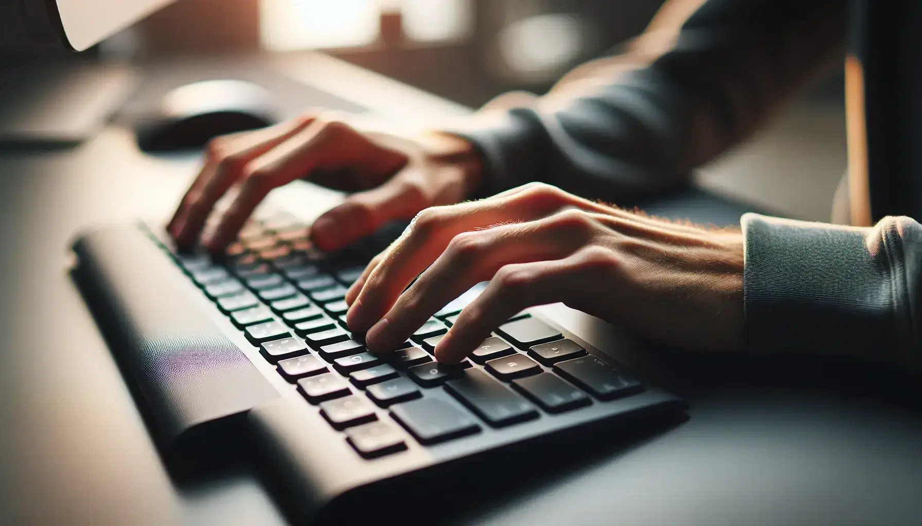 Close-up of hands typing on modern computer keyboard, with fingers on central letters, in bright environment with gray wrist rest.