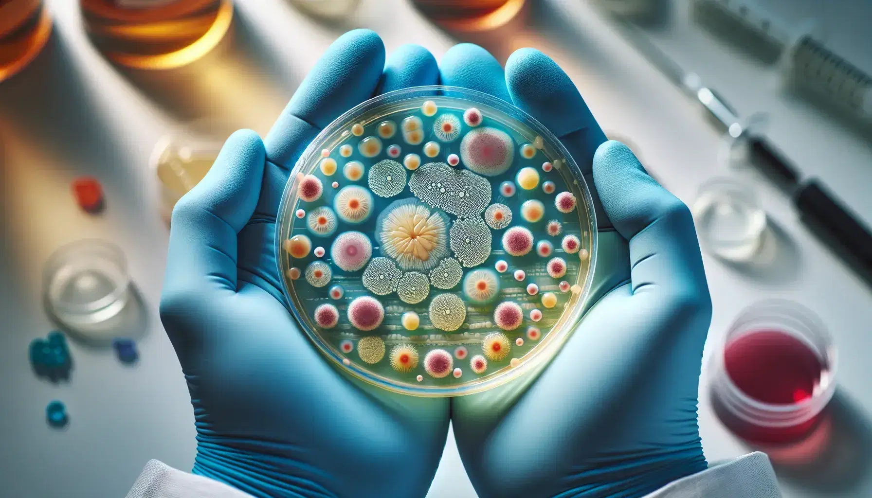 Close-up view of a petri dish with colorful bacterial colonies in various sizes and shapes, held by blue-gloved hands in a lab setting.