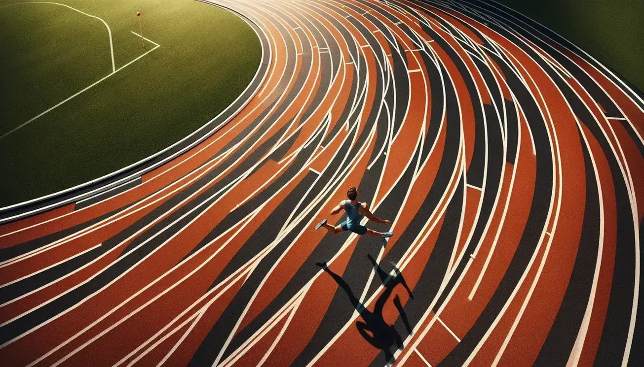 Pista de atletismo con curvas y múltiples carriles, atleta en plena carrera con camiseta azul y pantalón corto negro, césped verde en el interior, día soleado.