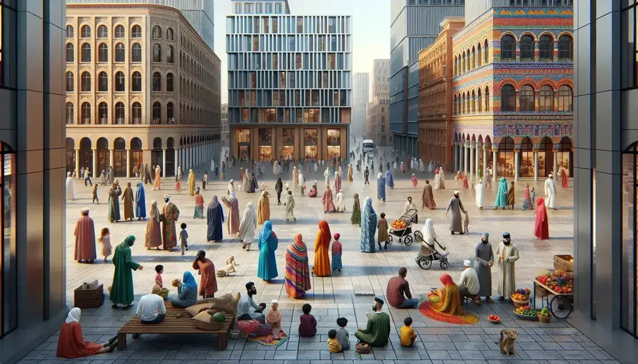 Piazza cittadina vivace con persone diverse in conversazione, bambini che giocano, edifici moderni e tradizionali, bancarella di frutta, tardo pomeriggio.