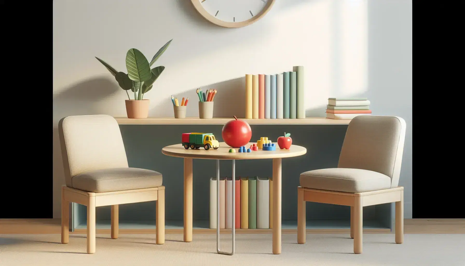 Speech therapy office with round table and colorful objects such as red ball, yellow toy car, green apple, blue boat and building blocks.